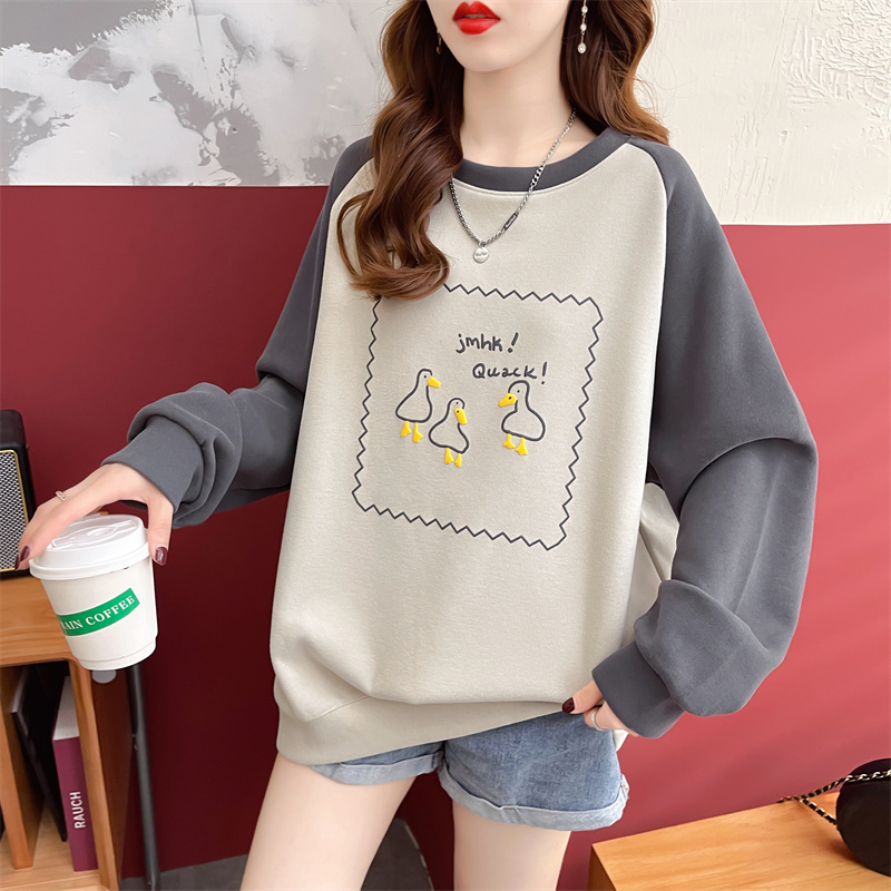 Real shot autumn Korean version loose back bag collar raglan sleeves printing mid-length plus size women's thin sweater women