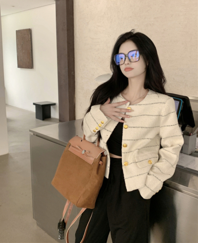 Real shot autumn dress small fragrance temperament lady female high-end sweet striped shoulder pad coat female