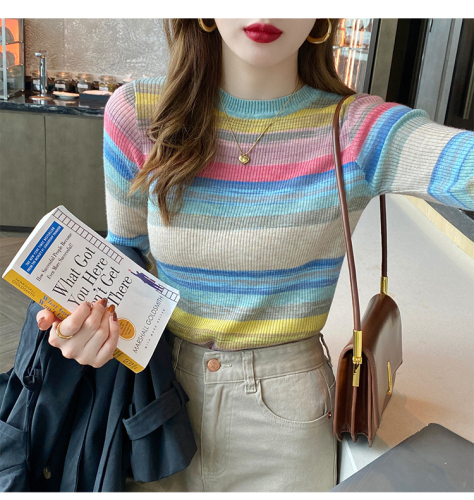 Rainbow top women's long-sleeved spring and autumn  new striped knitted bottoming shirt tight thin sweater early autumn