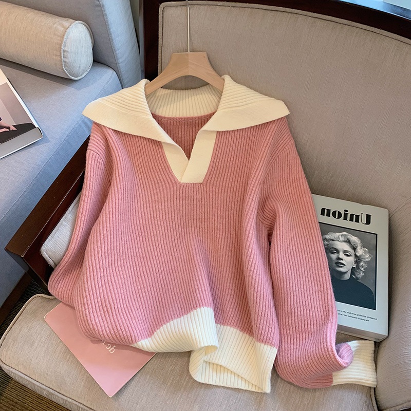 Large lapel pink sweater women's spring 2022 new knitted top loose outer wear bottoming shirt hit color small fresh