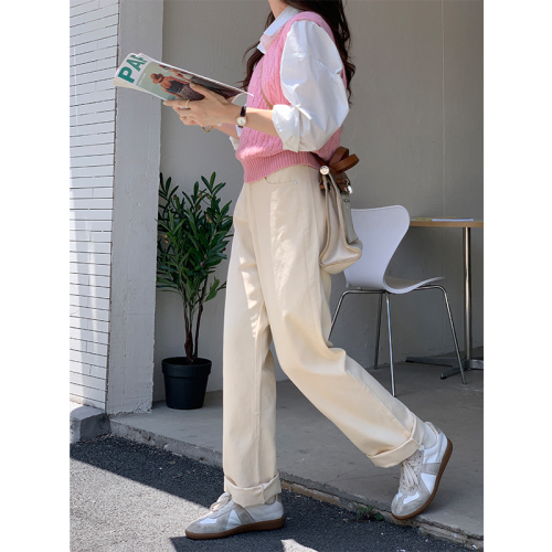 Real shot high waist wide leg jeans simple casual all-match pink straight trousers women's high street fashionable pants