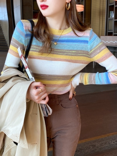 Rainbow top women's long-sleeved spring and autumn  new striped knitted bottoming shirt tight thin sweater early autumn