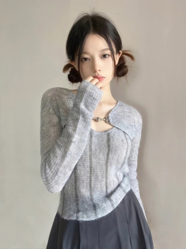 Solid color mohair long-sleeved top women's early autumn pure lust hot girl short paragraph simple sunscreen knitted jacket two-piece set