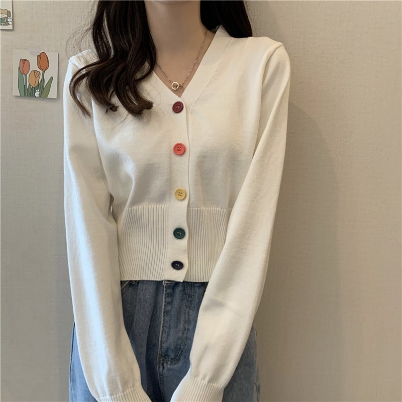 Autumn new girl's playful and thin color button cotton knitted sweater slim top cardigan fashion jacket female