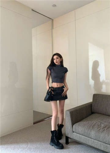 Real shooting real price Retro Korean version of short-sleeved high-neck comfortable top + high-waist workwear skirt