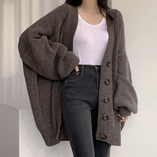 Korean chic autumn and winter casual lazy style V-neck single-breasted loose lantern sleeves knitted cardigan sweater jacket women