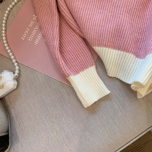 Large lapel pink sweater women's spring 2022 new knitted top loose outer wear bottoming shirt hit color small fresh