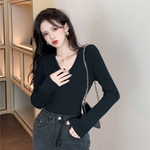 Real shot  autumn and winter tight solid color cross-neck top women's design slim slim long-sleeved knitted sweater