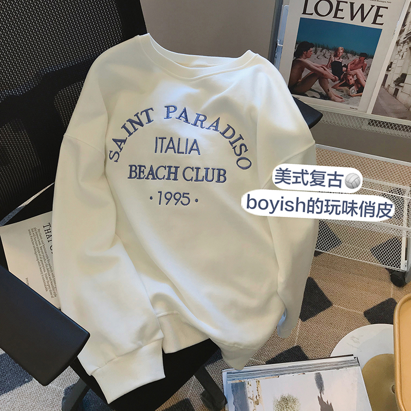 300g Chinese cotton official picture letter embroidery long-sleeved sweater women's 2022 spring and autumn American sweet and spicy casual round neck top
