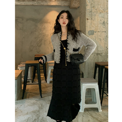 Retro mottled V-neck short sweater cardigan women's design sense niche spring and autumn new small top