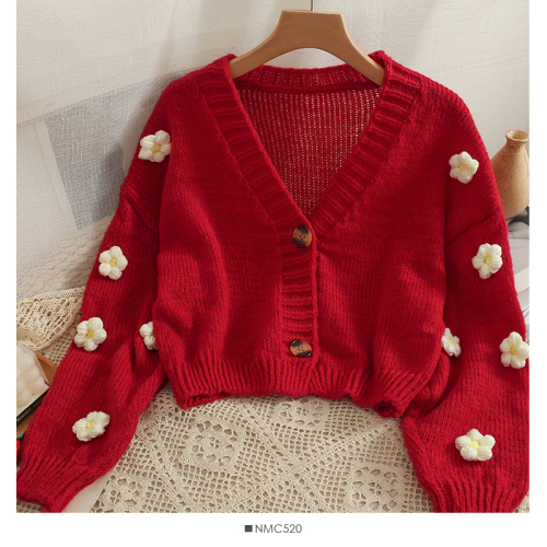 Korean niche all-match sweet style short two-button knitted sweater women's new three-dimensional flower low-neck long-sleeved cardigan