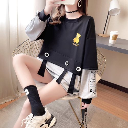 Real shot autumn new Korean version stitching fake two-piece embroidered loose medium-length large size women's thin sweater women