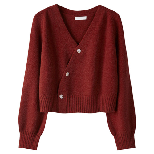 Diagonal button 2022 autumn and spring new small women's sweater knitted cardigan short coat top wine red design sense