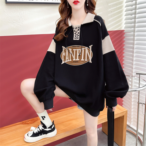 After the real shot, the collar waffle autumn sweater women's mid-length POLO collar personality embroidered long-sleeved women