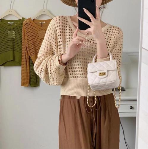  new Korean version hollow V-neck long-sleeved thin knitted sweater T-shirt women's loose slightly transparent sunscreen shirt short top