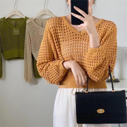  new Korean version hollow V-neck long-sleeved thin knitted sweater T-shirt women's loose slightly transparent sunscreen shirt short top