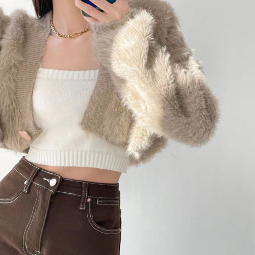 South Korea's solid color imitation mink velvet one button short furry coat women's 2022 autumn loose western style wild knitted sweater