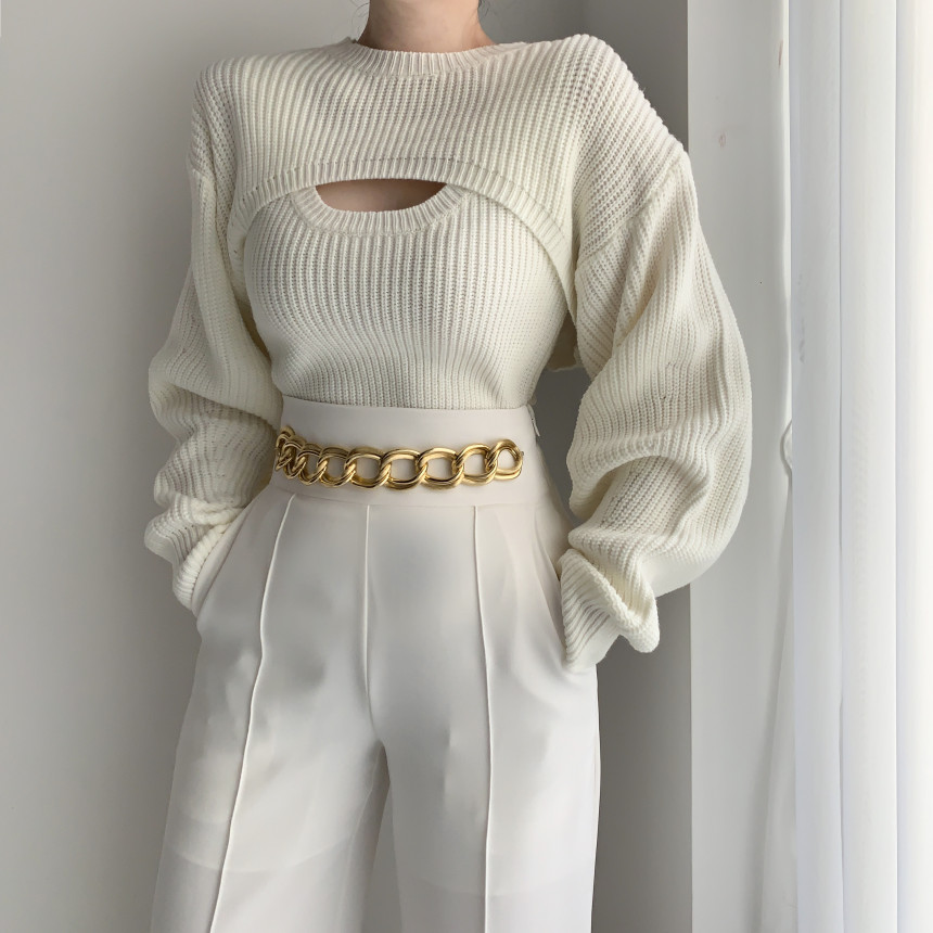 Korean chic gas slim knitted sweater vest + casual outer wear short sweater blouse two-piece set for women
