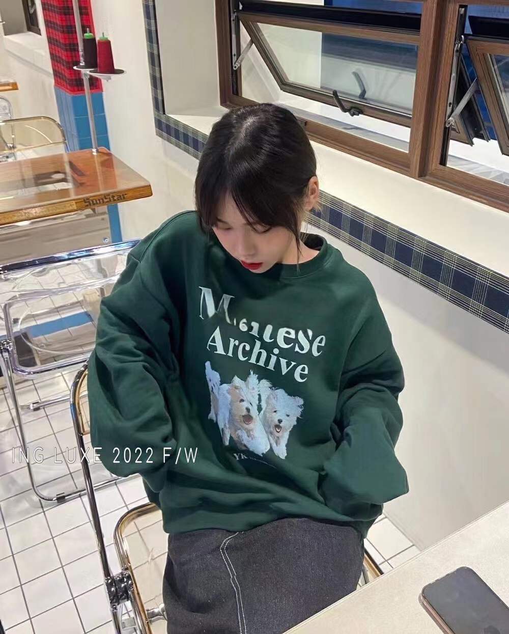 Big fish scale 280g 35 cotton big fish scale shoulder bag collar early autumn printed round neck sweater
