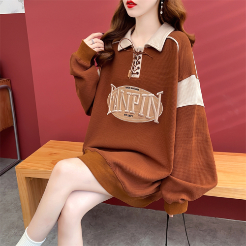 After the real shot, the collar waffle autumn sweater women's mid-length POLO collar personality embroidered long-sleeved women