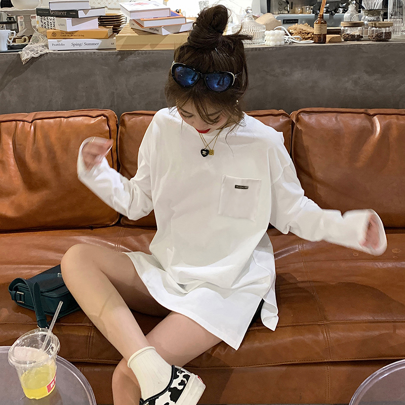 Spring and autumn fashion pure cotton long-sleeved T-shirt women's wear mid-length bottoming shirt thin section early spring and autumn tops with ins tide