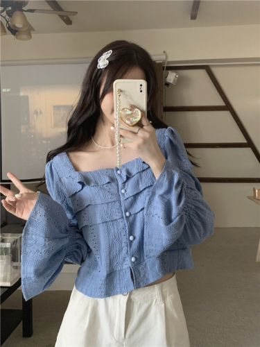 Real Price French Embroidery Short Lace Shirt Women's Autumn Retro Puff Sleeve Square Neck Top
