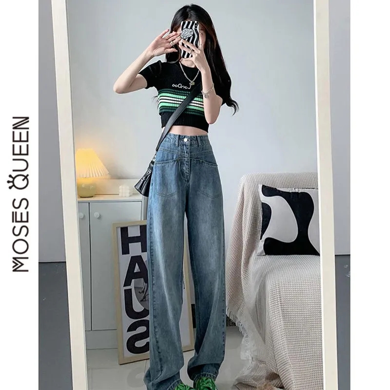 Retro wide leg jeans women's design high waist loose slim vertical straight jeans
