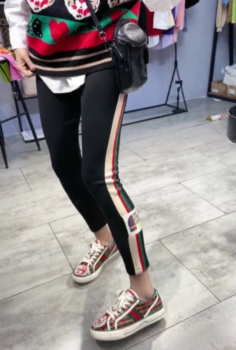 Autumn and winter letter labeling contrast color striped leggings women's shark pants outer wear high waist elastic fashion sports nine-point pants