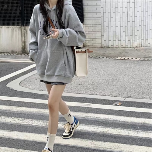 2022 autumn new Korean version student casual mid-length hooded thin coat large size sweater women