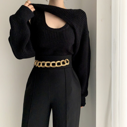 Korean chic gas slim knitted sweater vest + casual outer wear short sweater blouse two-piece set for women