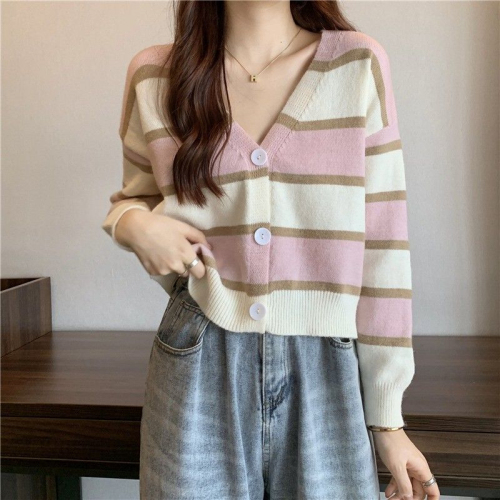 Lazy wind sweater women's spring and autumn new short loose striped top knitted v-neck cardigan long sleeves