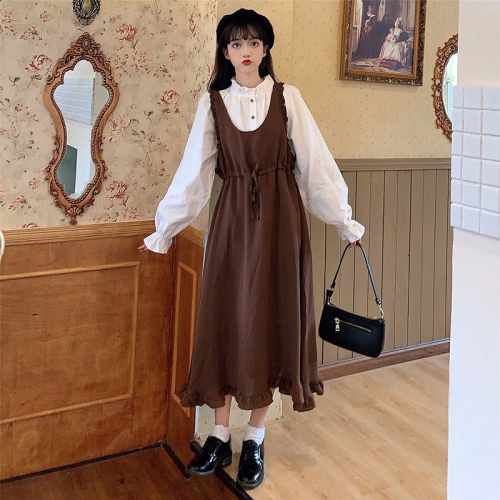 Autumn  new retro French mid-length fungus edge Western-style age-reducing strap dress women's fashion suit
