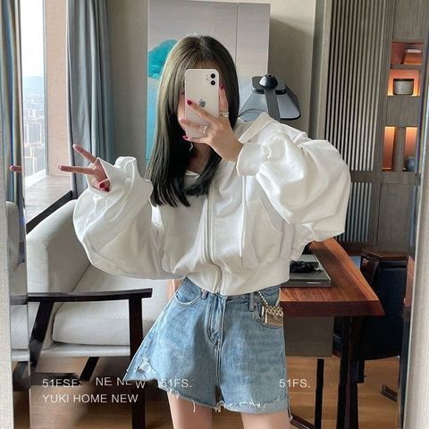 Korean version loose thin section large size printing lazy wind zipper cardigan sweater short coat women