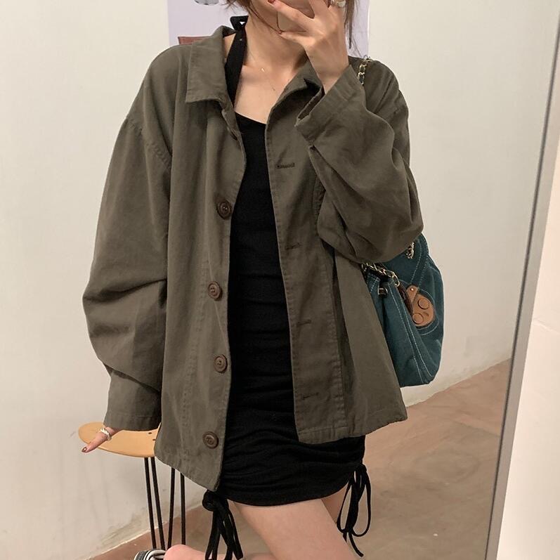 2022 autumn new ancient Korean style casual windbreaker coat women's loose and thin lapel pocket commuter top coat