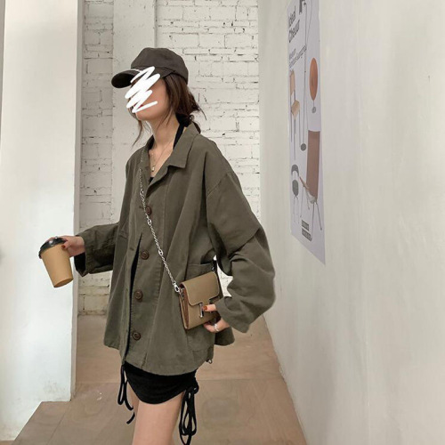  autumn new ancient Korean style casual windbreaker coat women's loose and thin lapel pocket commuter top coat