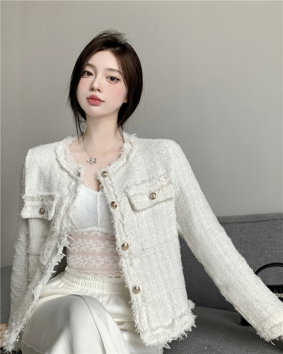 Real price real shot 2022 new French celebrity style tweed design niche round neck single breasted jacket