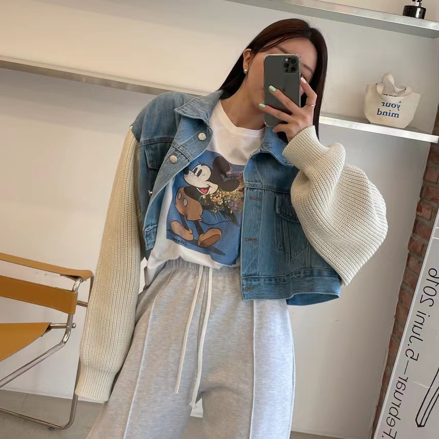 Spot ins net red stitching color knitted sleeves loose denim jacket casual short jacket small man