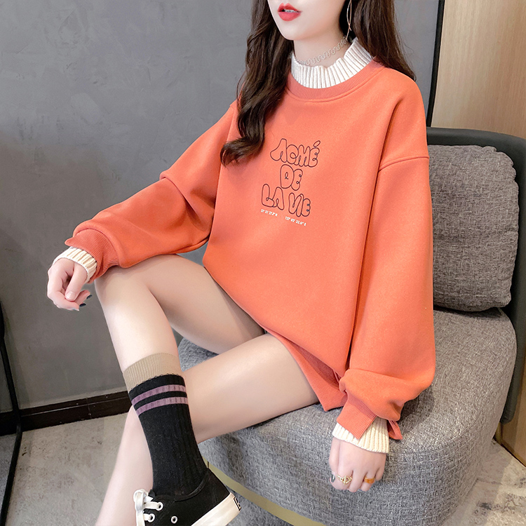 Real shot ~ 10 cotton 90 polyester autumn and winter new Korean version fake two pieces in the long section loose plus velvet thick sweater women