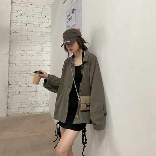 2022 autumn new ancient Korean style casual windbreaker coat women's loose and thin lapel pocket commuter top coat