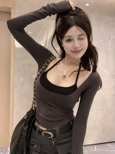 Real shooting real price  two-piece set pure desire slightly transparent hot girl self-cultivation tight-fitting long-sleeved short T-shirt top women