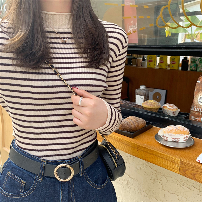 Real Price Autumn and Winter New Half Turtleneck Long Sleeve Classic Striped Bottoming Pullover Knit Sweater Top Women