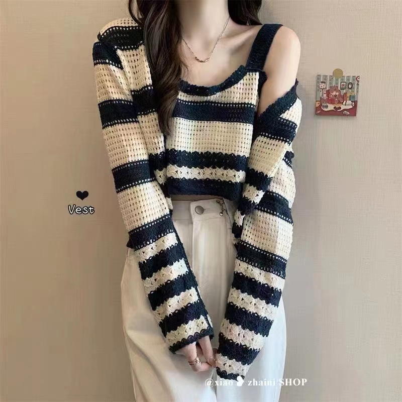 Korean style chic2022 spring new self-cultivation striped suspenders bottoming + empty long-sleeved cardigan two-piece set
