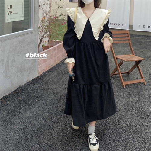 Korean chic Western-style large lapel contrast color pleated tie waist loose hem ruffled dress long skirt women