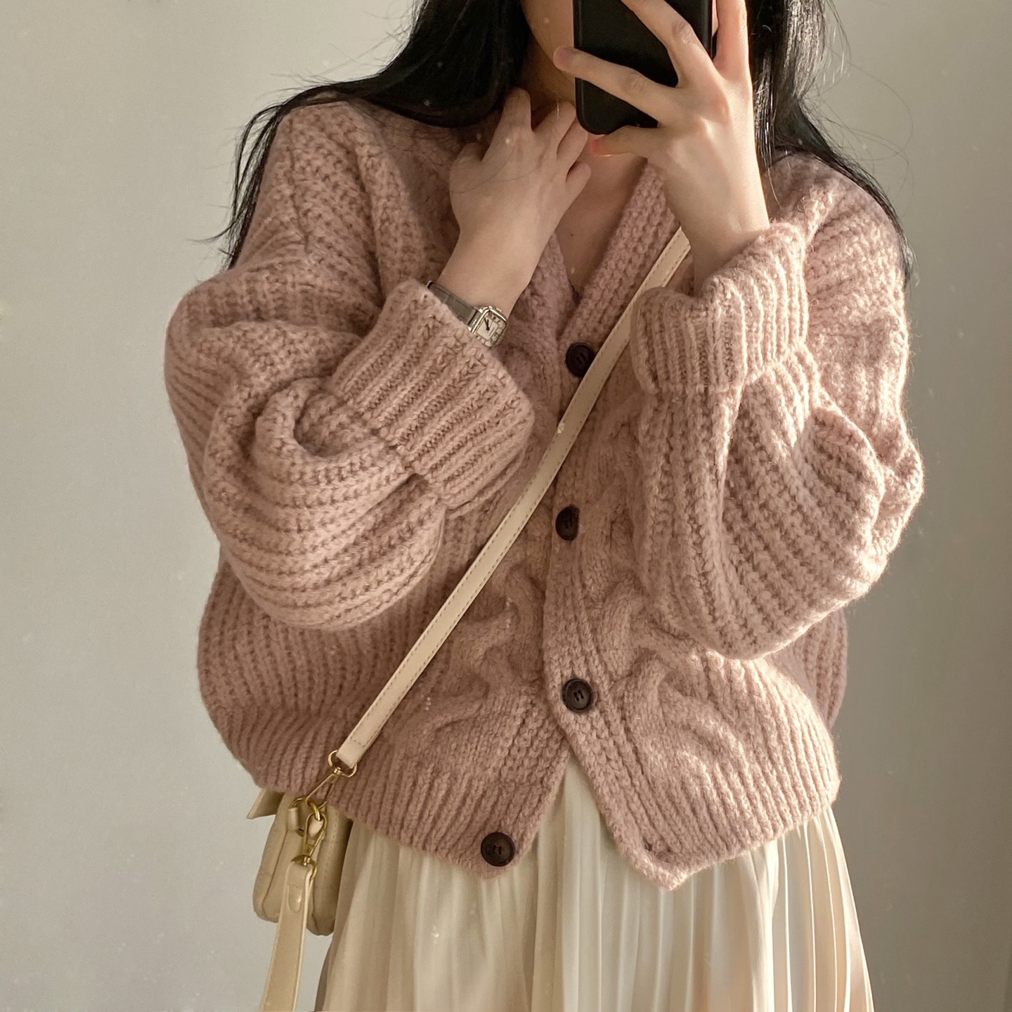 Korean chic autumn simple lazy style V-neck puff sleeves hemp pattern loose knitted cardigan sweater jacket women
