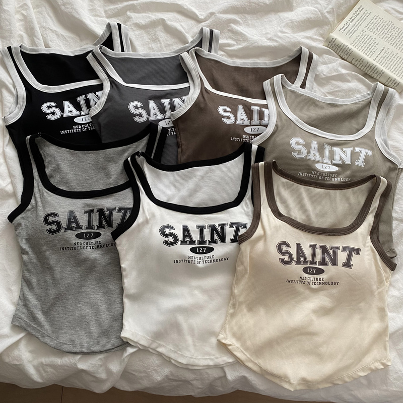 Real shooting real price sweet and spicy pure desire printing all-match vest women with chest pad printing self-cultivation bottoming outer top