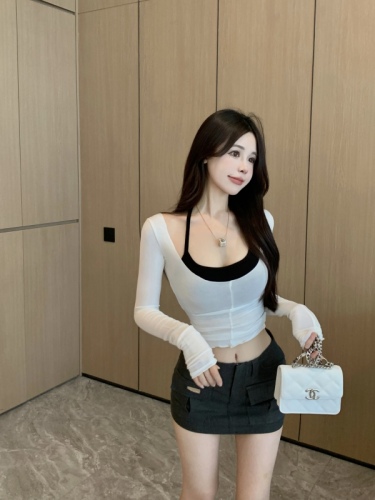 Real shooting real price  two-piece set pure desire slightly transparent hot girl self-cultivation tight-fitting long-sleeved short T-shirt top women