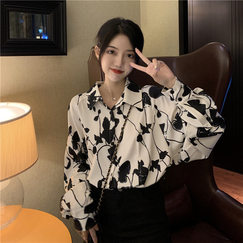 Flower shirt women's clothing design sense is small in early autumn 2022 new retro Hong Kong flavor chic chic long-sleeved top trendy