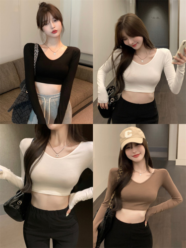 Real shooting real price high-waisted short section high-waisted short section large low-cut V-neck long-sleeved t-shirt women's autumn thin section tight-fitting bottoming shirt