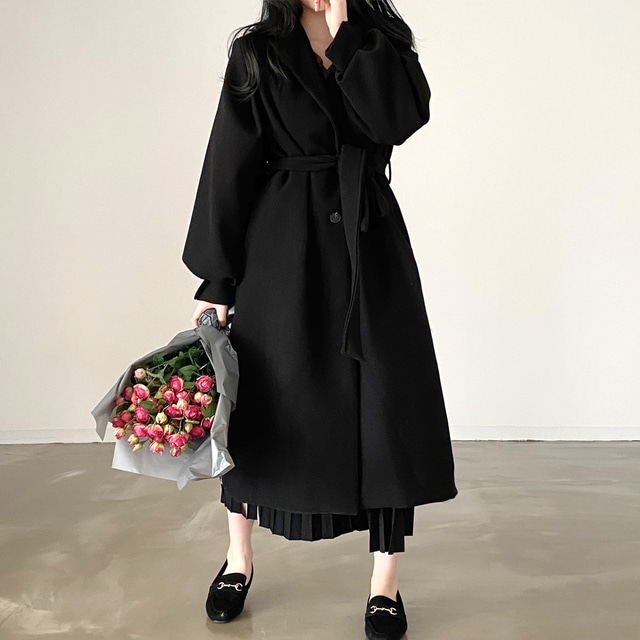 Spot size has been updated winter temperament simple over-the-knee tie woolen coat women's loose age-reducing coat tide