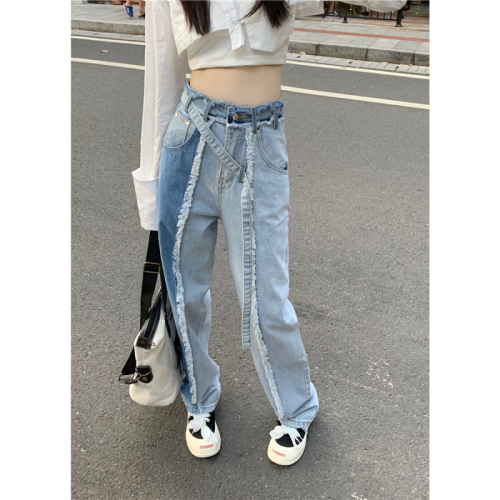 Real shot two-color stitching beard washed jeans women's personality design straight slim pants